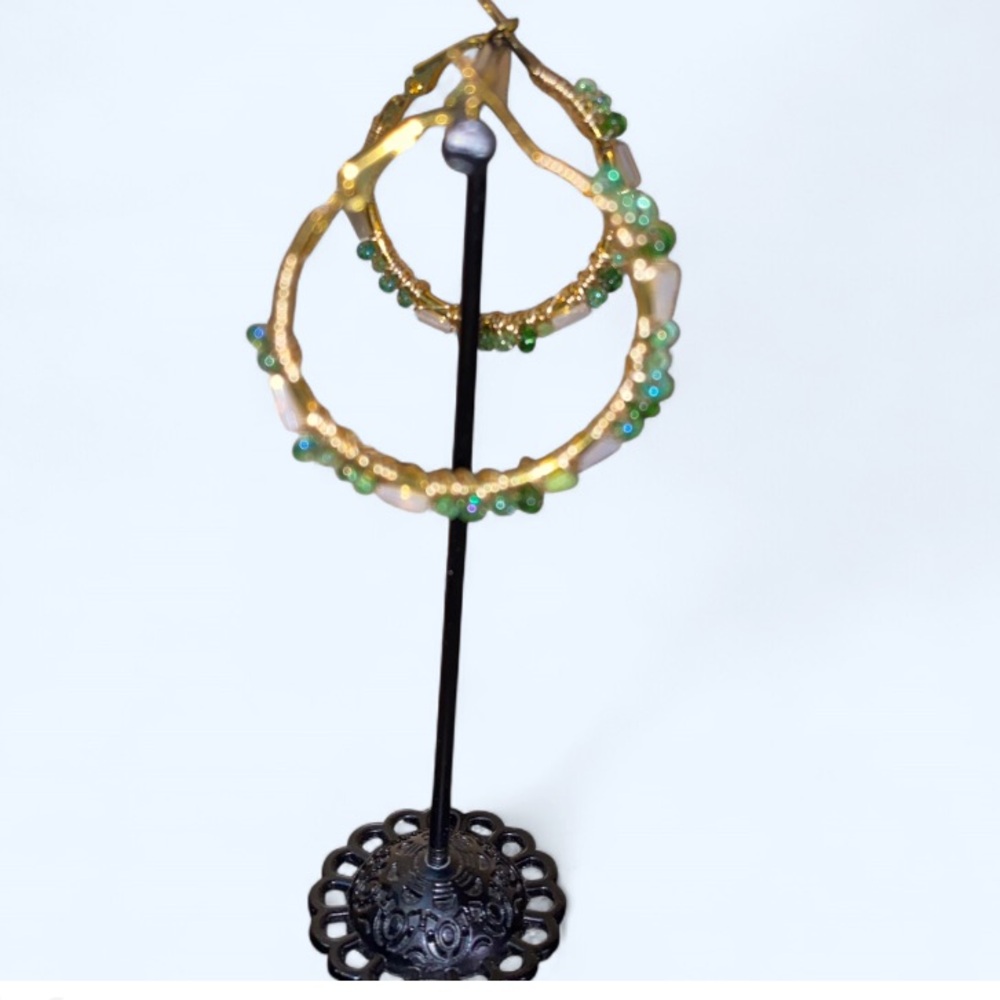 Handmade gold and Green Wired Wrapped Hoop Earrings